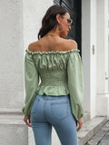 Color Off Shoulder Women Blouse Spring Summer Lantern Long Sleeve Bandage Shirts Tops and