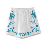 Spring / Summer Holiday Wind New Women's Cotton And Linen Embroidered Short Sleeve Shirt Drawn Rope Shorts Two