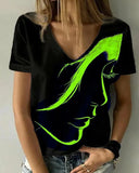 2023Fashion Women's Tops Abstract Portrait Painting T Shirt Loose Print V Neck Basic Tops Black / 3D Print Shirt
