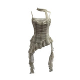 Lattice Splicing Lace Ribbon Ribbon Swing Tie Sling Sling Vest Irregular Lotus Leaf Side Hottie Top