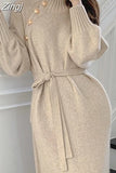 Turtleneck Buttons Women Knitted Dress Elegant Full Sleeve Lace-up Female Thicken Long Dress for Sweater Autumn 2023
