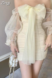 Puff Sleeve Dress Women Slash Neck Tunic Mini Vestidos Solid Party Slim New Arrival Chic Elegant French Ladies Hot
