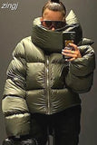 Coat Women Winter Casual Jacket Female Fashion Zipper Scarf Collar Short Puffer Jacket Ladies Green Parka