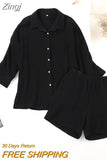 Women's 2 Piece Casual Outfits Loungewear Set Loose Comfy Long Sleeve Button Down Shirt + Elastic Waist Mini Shorts