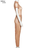 Mesh Outfits Women Two Piece Set Skinny O-Neck Short Sleeve Bodysuits Top+Skirt See Through Clubwear Vacation Matching