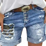 Summer Female Slim Single Row Many Button Worn Roll Edge Denim Shorts-Outfit