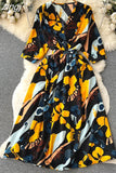 Women Vintage Printed Dress Elegant V-Neck Puff Sleeve High Waist A-Line Midi Robe Female Vacation Beach Vestidos
