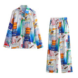 New Women's Shirt Positioning Print Lap Collar Single Row Buckle Long-Sleeved Shirt Broad Leg Leisure High-Rise Trousers
