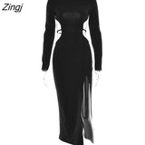 Sexy Backless Maxi Dress Women Black Hollow Out High Slit Evening Dress Female Autumn Skinny Elegant Party Clubwear