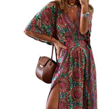 954 Spot In 2025 Fall New Fashion V-Neck Short Sleeve Loose Bohemian Medium And Long Print