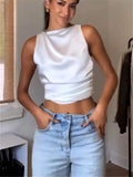 Black Crop Top Women Satin Backless Top Female Y2k Streetwear Sexy Tops Woman Fashion Tied Sleeveless Tank Tops For