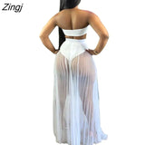 Up Skirt Swimsuit Women 3 Piece Set Strapless Crop Tops Pants And Mesh Skirt Fashion Pleated Beach