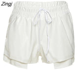 Women Short Pants Patchrowk Pu Leather Drawstring Streetwear Slim Pencil Clothes For Women