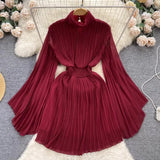 Zingj Of Pleated Horn Sleeve High Collar Dress Female Spring And Summer French Light Luxury Minority Design Sense Of Waist Chiffon
