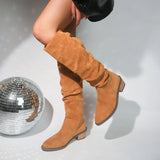 Leopard-Print Round Head And Long-Heeling Boots Girl Retro Large-Size Western Cowboy Long-Sleet Fashion