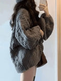 Oversize V Neck Gray Cable Knit Sweater-Outfit