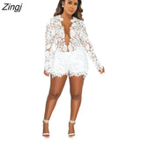 Holes 2 Piece Sets Womens Outfits Sexy Solid Hollow Out Long Sleeve Lace Coat Top + Shorts Summer