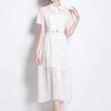 Retro Elegant Dress Women's Summer Senior Sense Collar Single Buckle Waist Thin Hollow Embroidered