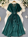 Vintage V-Neck Single Breasted Midi Dress For Women Elegant Short Sleeve High Waist A-Line Slim Green/Red/Purple