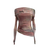 Shooting Design Dizzling A Word On The Shoulder Of The Women's Net Exposed Shoulder Long Sleeves Irregularly Folded Short T-Shirt