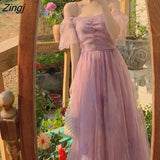 Midi Summer Dress Women Mesh Korean Fairy Vintage Dress Female 2021 Design One-piece Sequins Strap Dress Ladies