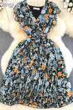 Vintage Floral Printed Pleated Dress Women Elegant V-Neck Sleeveless High Waist Draped Vacation Beach Vestidos Female