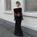Autumn And Winter Women's Fashion Word Shoulder Long Sleeves Bare Waist Mesh Splicing Bag Of Hip