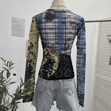Tat Yarn Print Bottom Blouse Spliced Lace Long-Sleeved T-Shirt