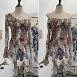 Shooting Retro Shoulder Tie-Dye Net Horn Long-Sleeved T-Shirt Irregular Lotus Leaf Side Ribbon Y2k Top