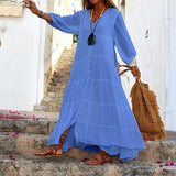 Spot 2025 Women's Summer And Autumn Bohemia Pure Color V-Neck Loose Long-Sleeved Cotton Linen