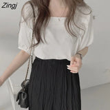 Women Ulzzang Fashion Simple Solid Basic Office Folds Elegant Puff Sleeve Square Collar Streetwear Retro Baggy