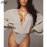 Deep V Neck Sexy Bodysuit For Women Long Sleeve Loose Ruched Body Tops Female Casual Solid Slim Body Suit Party