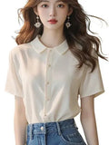 Chic Super-Looking White POLO Collar Short-Sleeved Shirt Women's Summer Unique Beauty Loose Thin