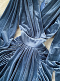 Women Blue Draped Velvet Long Dress Elegant V-Neck Lantern Sleeve High Waist Party Robe Female Autumn Winter 2023 New