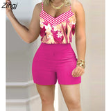 Summer Sexy Striped Floral Print Spaghetti Strap Top & Solid Shorts Sets Two Pieces Suits Tracksuit Casual Women's