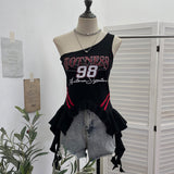Shooting Hottie Slant Shoulder Short Letter Print T-Shirt Summer Waist Thin Sling Vest Sleeveless Top