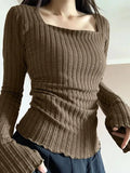 Square Neck Flare Sleeve Slim Knit- Outfit