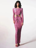 Shiny Sequins Hollow Backless Long Dress Elegant O-Neck Long Sleeve Flower Buckle Design Slim Dress Party Cocktail