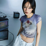Sweet Wind Collar Bag Sleeve Cherry Cake Blue T-Shirt In Fashion Summer Wood Ear Exposed Umbilical Babes