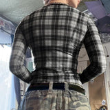 Zingj And Spicy Retro Black And Gray Color Plaid Perspective Slim Short Mesh T-Shirt Autumn Personality Show Thin Versatile