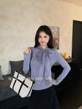 Xixi 2025 Autumn White Standard Korean Version Of Elegant Temperament Solid Color Tie With Thin Knitted Shirt Top Women