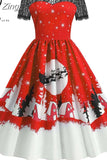 Dress Christmas Costume Women Lace Short Sleeve Hight Waist Vintage Evening Party Prom Casual