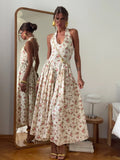 Romantic Design U Tie Slings Bare Back Floral Dress Female Lazy High-End Feel Folded Dress