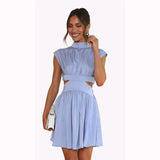 Zingj Years Pure Color Sweet Wind Summer Money Receive Waist Stand Collar Show Waist Short Dress