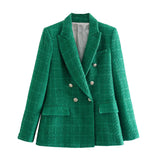 Women's Spring And Autumn Fashion Double Buckle Flowers This Lattice Suit Jacket Retro Long-Sleeved Pocket Suit