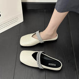 Version Of Soft Leather Baotou Woman 2025 Spring And Summer New Water Drill Buckle Flat Bottom Shoes Wearing Slippers