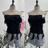 Shooting Pure Wind Lotus Leaf Side With A Word Shoulder Bra Small Vest Short Three-Dimensional Flowers Sleeveless Top