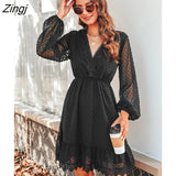Clip Dot Lace Mini Dress For Women Sexy V-Neck Long Sleeve A-line Party Dress 2023 Spring Autumn Female Pullovers