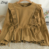 Ruffles Corduroy Blouse Women New Korean Style Sweet Lace Up Kawaii Shirts Autumn Elegant Office Long Sleeve Ladies