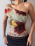 Cloth Forgets Ancient Butterfly Tie-Dye Print Shoulder Asymmetric Tsets Hottie Wind Tight Short